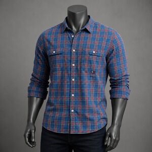 Tommy Hilfiger Mens XL Blue Red Plaid Long Sleeve Button Down Cotton Shirt